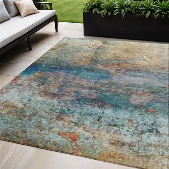 HomeRoots 631456 5 x 8 ft. Teal Blue Orange & Beige Abstract Washable Indoor & Outdoor Rectangle Area Rug