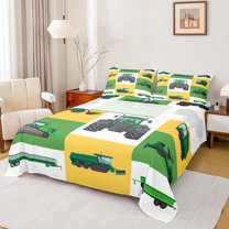 Homewish Modern Farmhouse Truck Full Sheet Set,Green Bulldozer Patchwork Checkered,Luxury Decor For Kids,4-Piece