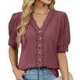 thumbnail image 2 of Eres Más Que una Camisa de Puntuación de Prueba Boho Top Manga Corta Cuello Redondo Blusa Suelta, Detalle de Encaje Color Sólido Desgaste de Verano Casual, Mezcla de Poliéster Spandex, 2 of 9