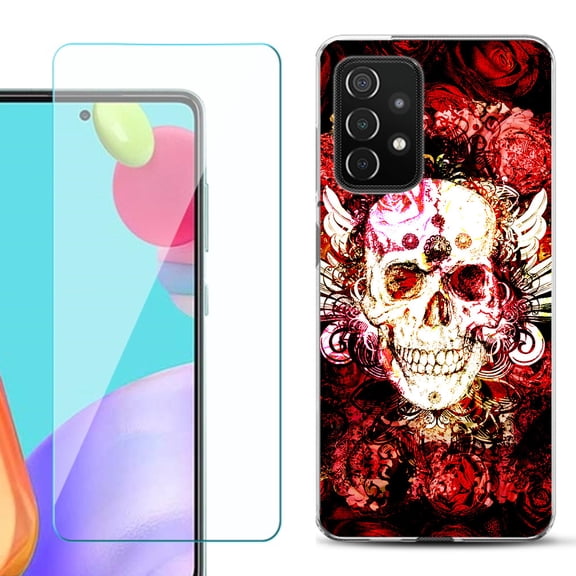 Slim-Fit Flexible Gel TPU Phone Case compatible with Samsung Galaxy A52 5G, with Tempered Glass Screen Protector, by OneToughShield ® - Rose Skull