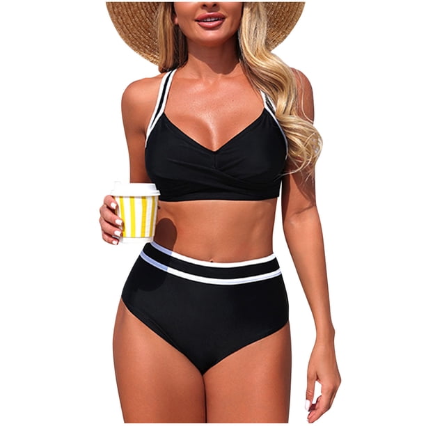 Traje de Baño Bikini Conjunto para Mujeres sin Mangas Patchwork V-Cuello Nudo Delantero Empujar Hacia Arriba Acolchado Dos Piezas
