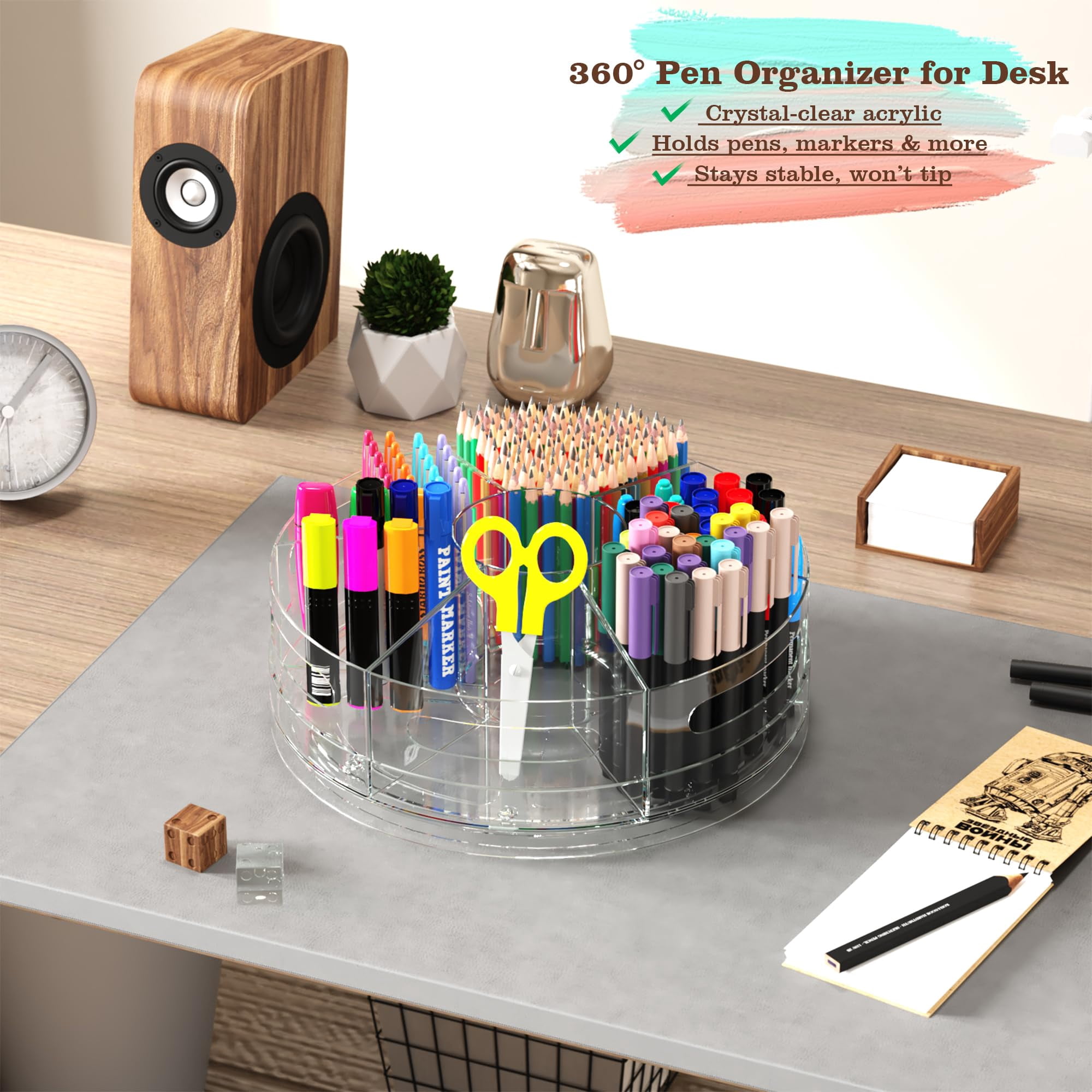 2 Packs Pen Organizer For Desk - Holder With Hand Grips  360° Extra Large Rotating 7 Removable Compartments Office Home And Makeup Storage