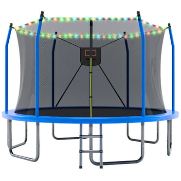EUROCO 16FT Trampoline for Kids and Adults with Lights, Basketball Hoop, Enclosure Net & Ladder, Outdoor Round Trampoline, Easy to Assemble