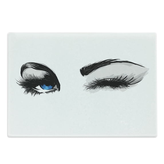 Eye Cutting Board, Flirty Woman Eyes and Thick Lashes Beauty Glamor Youth, Decorative Tempered Glass Cutting and Serving Board, Large Size, Blue Black Pale Grey, by Ambesonne