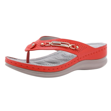 

iOPQO Women Flip Flops Womens Summers Vintage Hollow Out Crystal Wedge Flip Flops Slippers Shoes Plus Size Boho Style Thong Red 40