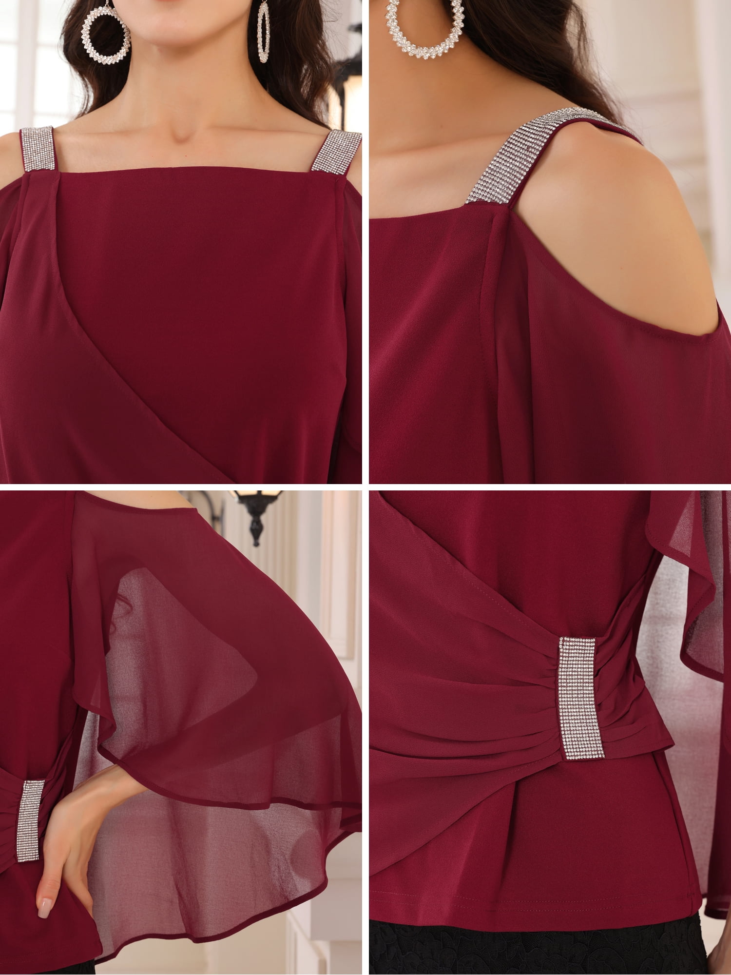 DARING DIVA Women's Cold Shoulder Sparkle Rhinestone Straps Blouse M Wine Red