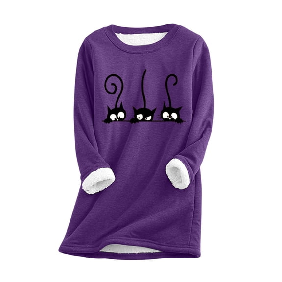 QHFBli Women's Sherpa Lined Top Casual Warm Top Women's Printed Pullover Winter Warm Soft Thermal Underwear Top Cozy Round Neck Homewear Sweater For