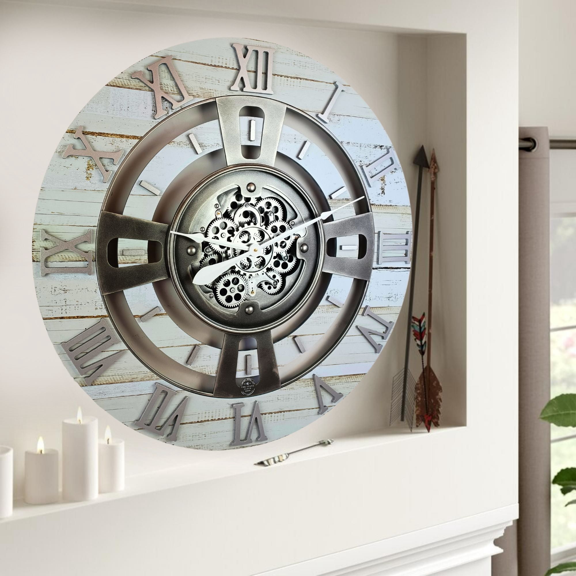THE GEARS CLOCK Wall Clock with Real Moving Gears EN-LI_ 24 in Round Desert-Beige