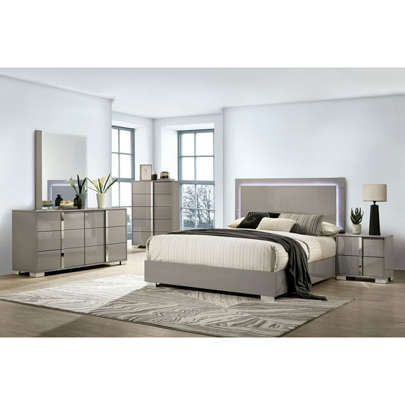 Light Taupe Queen Size Bed 4pc Set Contemporary Bed w LED Dresser Mirror Nightstand Chrome Legs Bedroom Furniture