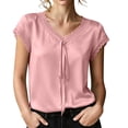 thumbnail image 2 of TGSLY Lace Trim Satin Tops for Women Smooth Soft V Neck Bow Tie Front Shirts Loose Dressy Casual Solid Color Cap Sleeve Blouses XXL, 2 of 7
