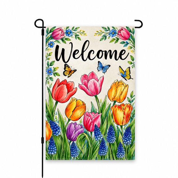 Welcome Garden Flag 12x18 Inch Floral and Butterfly Spring Outdoor Decor for Yard, Lawn, Patio, Porch - Vibrant Tulips and Blue Flowers Design