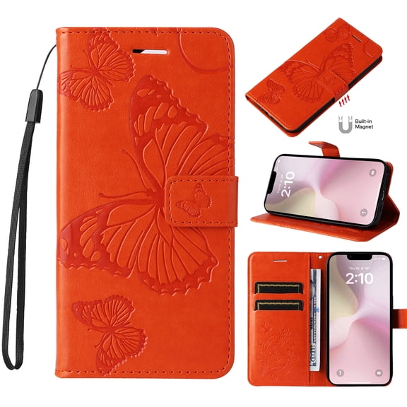 for Samsung Galaxy S25 Wallet Case, Kickstand Case with Credit Card Holder, Embossed Butterfly Pattern with Strap Premium PU Leather Magnetic Closure Shockproof Protective Flip Cover, Orange