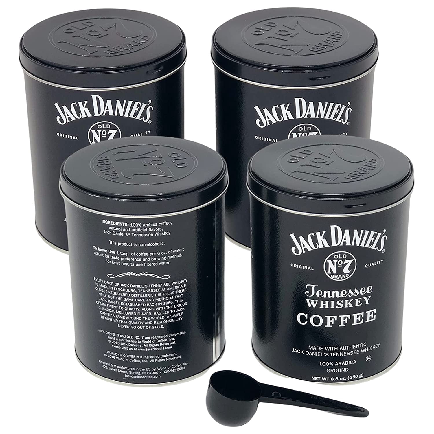Jack Daniel's Coffee (4 Pack, 8.8oz Each) Bundled with Complimentary Measuring Spoon (1 Tbsp) - 100% Arabica, Medium Roast, Ground Gourmet Coffee, Kosher