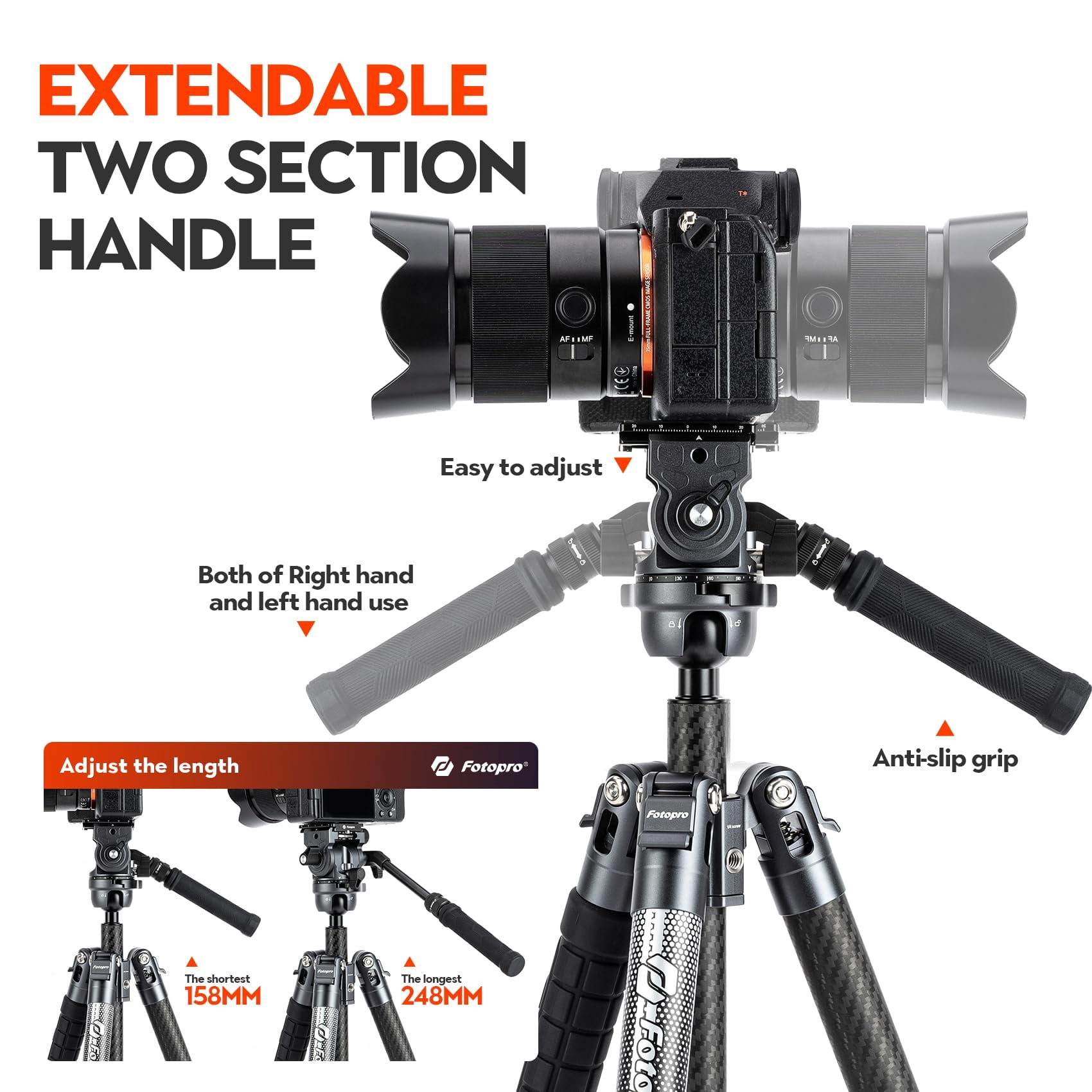 Fotopro X-Airfly Video 64.6" Carbon Fiber Tripod with Ball Head & Fluid Head, 5-Sec Lightweight Compact Camera Tripod Stand for Travel, Low Angel Shooting, Hidden Phone Clip, Max Load 10 lbs, Grey