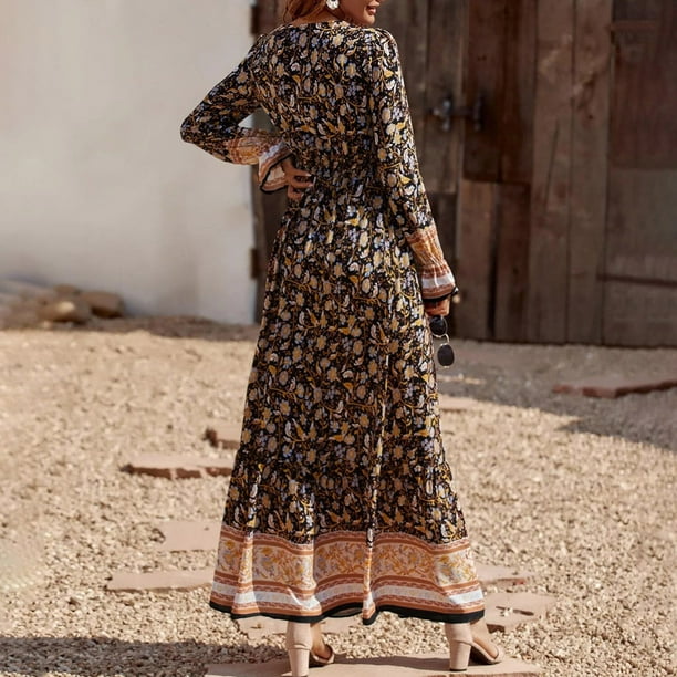 Vestido Largo Invierno Mujer Vestido Bohemio Manga Larga Floral