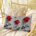 thumbnail image 4 of Red Roses Pillow Covers, Linen Long Throw Pillow Case, Valentine's Day Butterflies Floral Romantic Gray Holiday Pillow Protector Decorative Cushion Cover for Living Room/Bedroom 12" x 20", 4 of 8