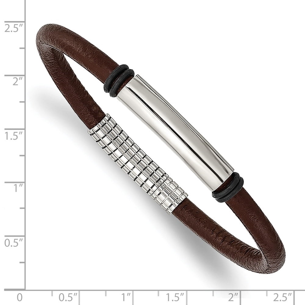 Diamond2Deal Stainless Steel Polished Black and Brown Rubber Bracelet for Men 8.5"