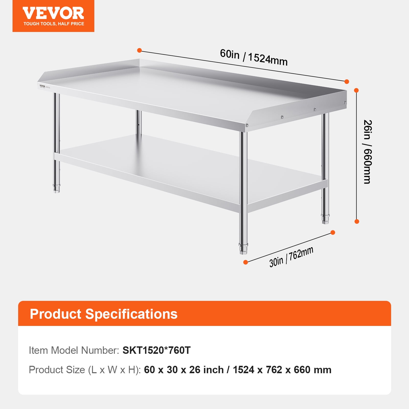 VEVOR Stainless Steel Work Table, 30 x 60 x 26 Inch Commercial Food Prep Worktable, 3-Sided Backsplash Heavy Duty Prep Worktable, Metal Work Table for Restaurant Home Hotel