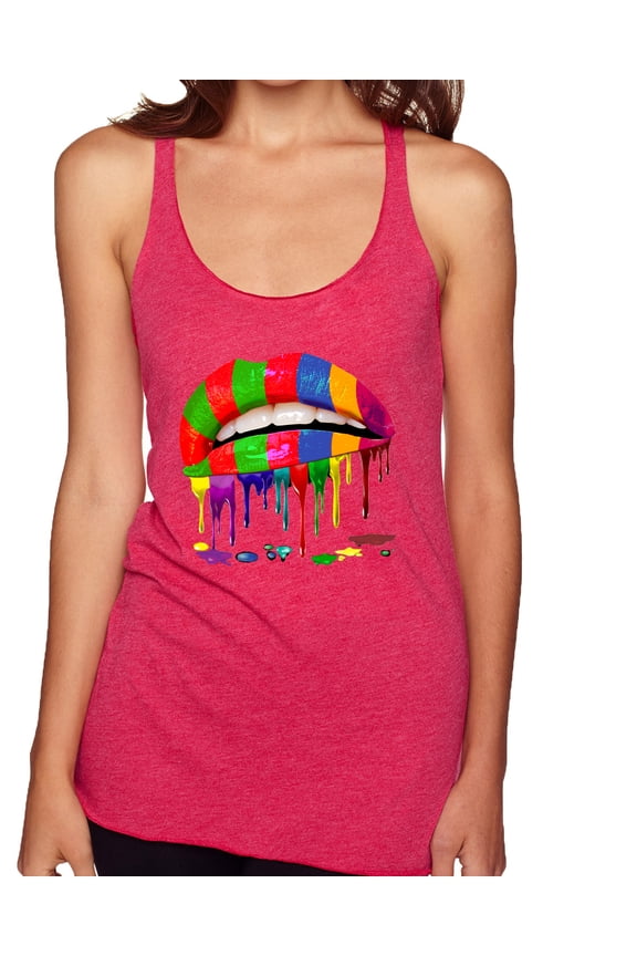 , Colorful Painted Lip, Streetwear, Women Tri-Blend Racerback Tank Top, Shocking Pink, Medium