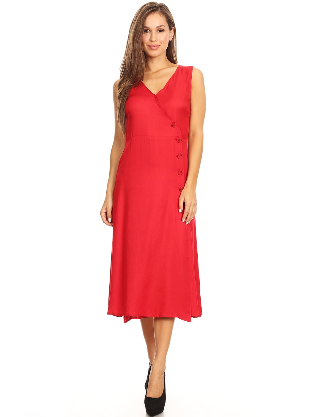 V Neck Bow Knot Sleeves Button Down Midi Swing Dress