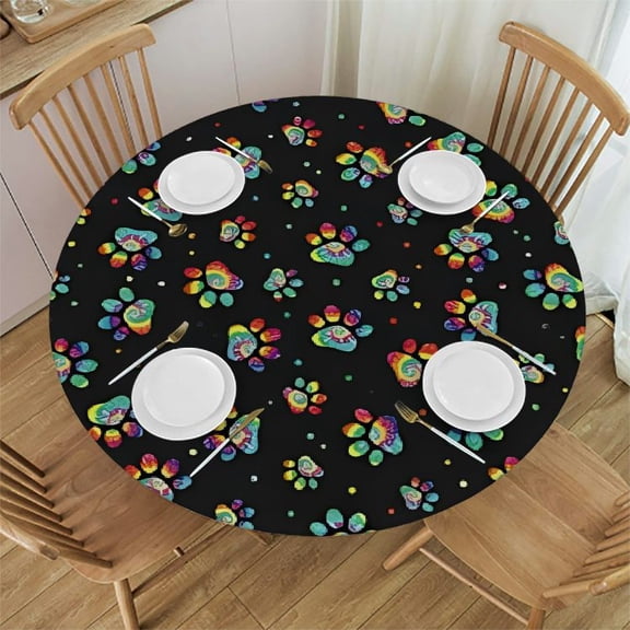 HAOXIT Tie Dye Paw Elastic Edged Fitted Round Tablecloth, Waterproof Oil Proof Polyester Table Cloth Decorative Fabric Table Cover for Dining Table 31-35