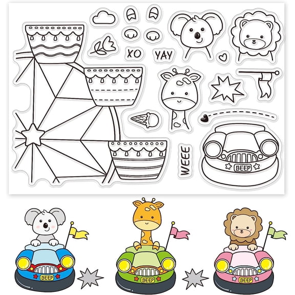 Ferris Wheel Animals Silicone Clear Stamps Giraffe Lion Transparent Stamps for Holiday Greeting Cards Making DIY Scrapbooking Photo Album Decoration Paper Craft 4.3x6.3 Inch White