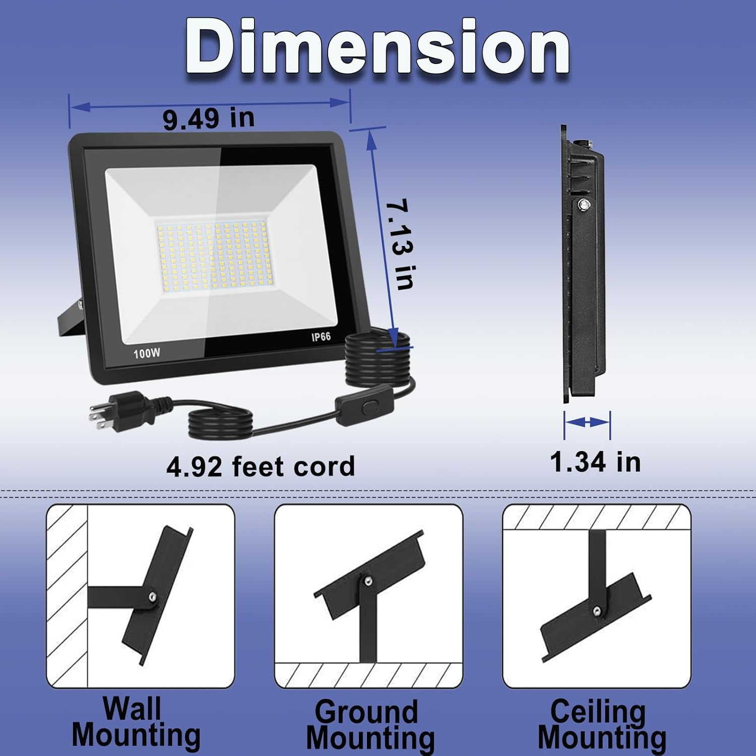 100W LED Flood Light Outdoor, 10000LM LED Work Light with Plug and Switch, IP66 Waterproof Exterior Security Lights, 5000K Daylight White Outdoor Floodlights for Yard, Garden, Playground, Stadium.