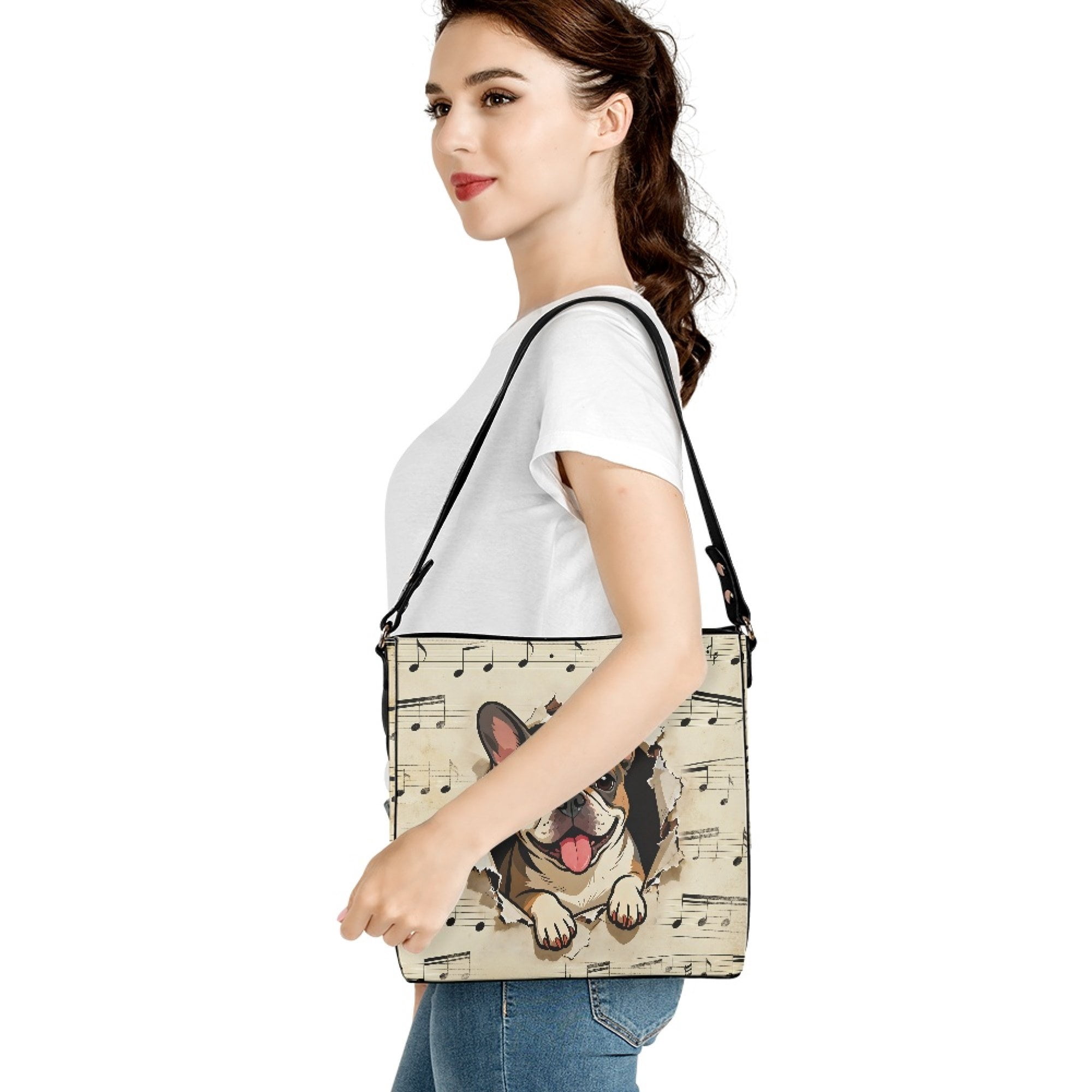 Kuiaobaty French Bulldog Print Crossbody Bag for Women, Musical Note Print Shoulder Handbag Crossbody with Adjustable Strap, Waterproof Leather Bucket Tote Bag for Travel, Beige