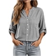 thumbnail image 2 of ClodeEU Women's Stand Collar V Neck Button Down Roll Tab Long Sleeve Striped Shirt,Casual Loose Blouse Top Black,Women's Plus L, 2 of 8