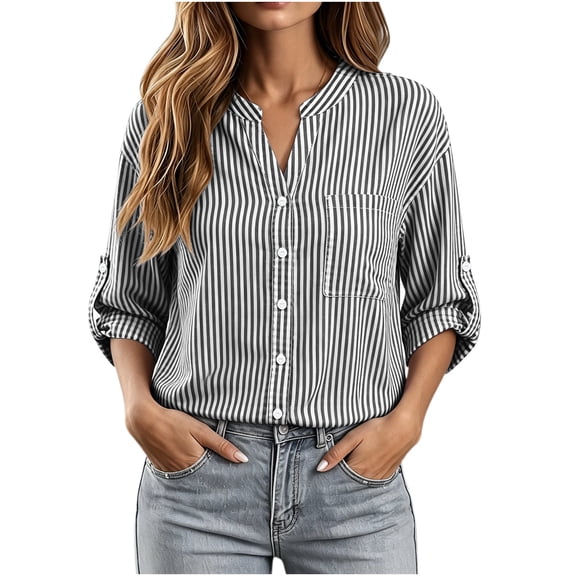 hoksml Women's Striped Button Down or V Neck Blouse, Adjustable 3/4 Roll Sleeve with Chest Pocket, Loose Casual Top