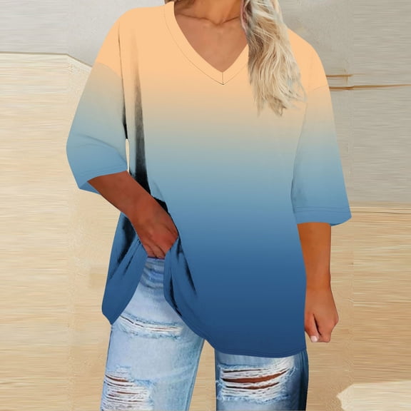 ylioge S-5X Plus Size T Shirts for Women V Neck 3/4 Sleeve Tees Tops Womens Trendy Gradient Printed Pullover Breathable Loungewear Work Tshirts Shirt