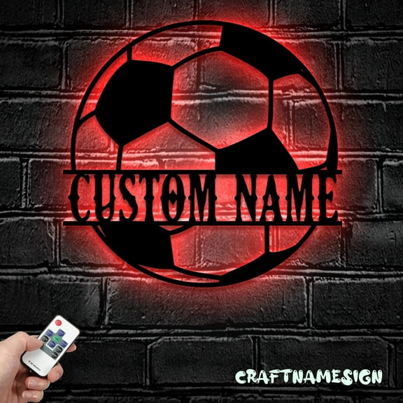 Craftnamesign Custom Soccer Ball Metal Wall Art LED Light, Personalized Football Player Lover Sign