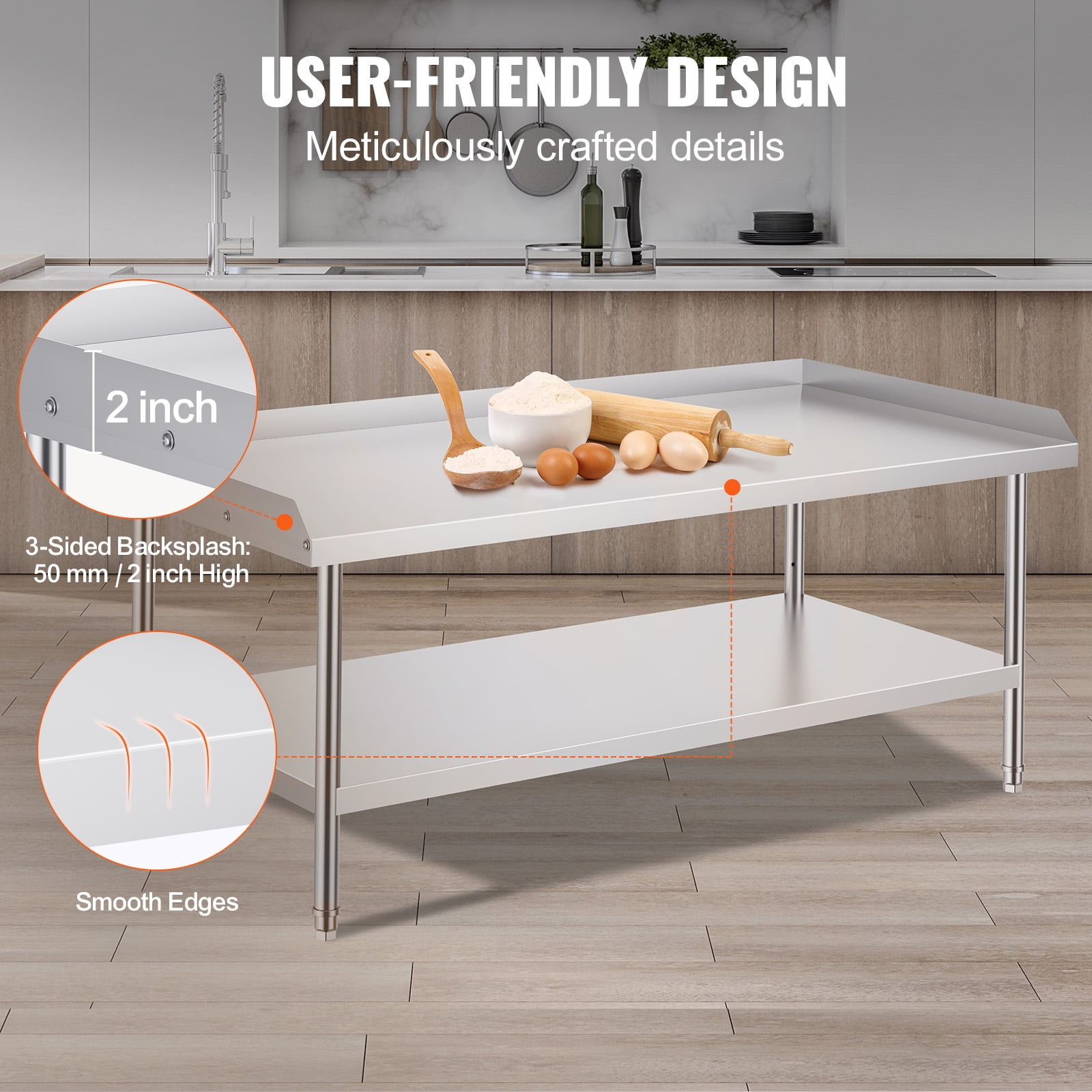 KFFKFF Stainless Steel Work Table, 30 x 60 x 26 Inch Commercial Food Prep Table with 3-Sided Backsplash, Durable Metal Workstation for Kitchen, Restaurant, or Home Use