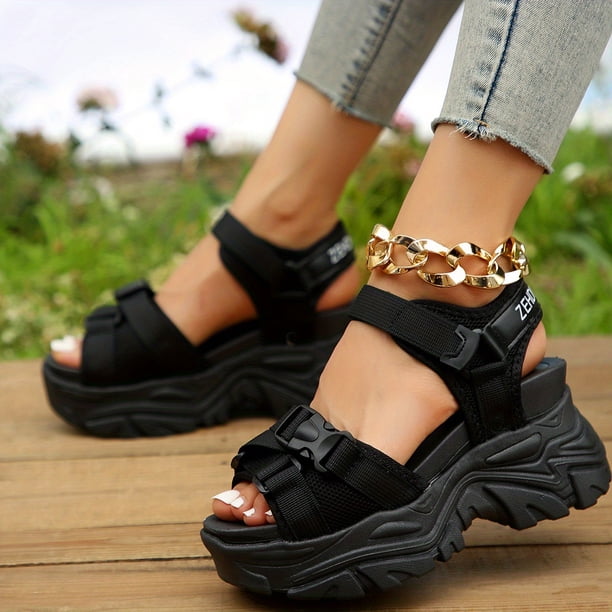 Sandalias De Plataforma De Color Sólido Para Mujer, Sandalias Casuales Con Correa De Gancho Y Bucle, Zapatos De Moda Y Cómodos