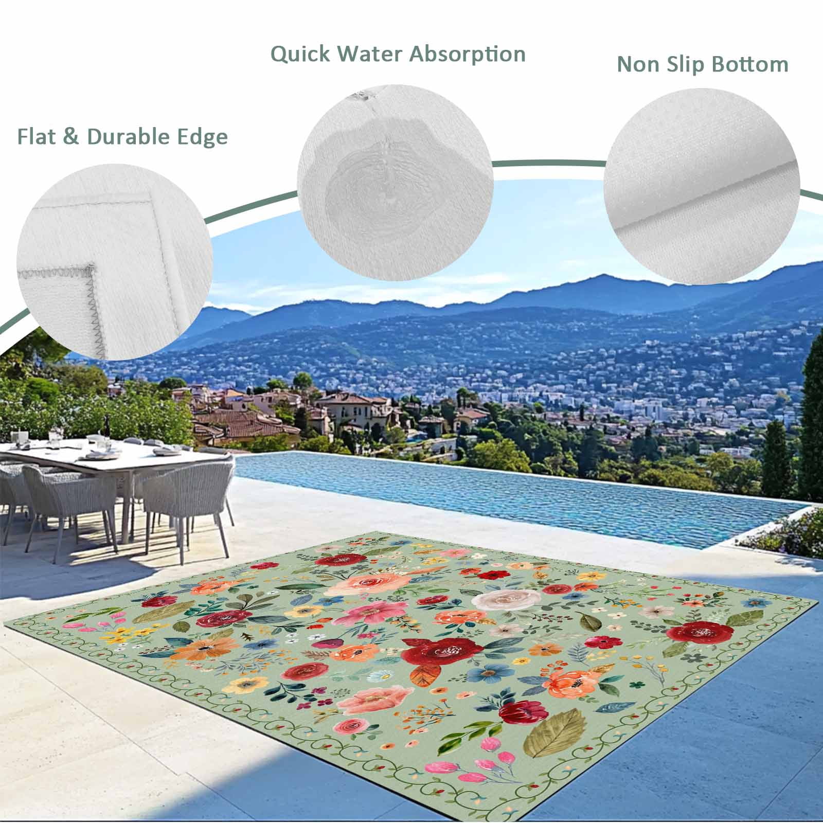 Sage Green Floral Outdoor Rug for Patio/Deck/Porch, Non-Slip Large Area Rug 3 x 5 Ft, Spring Flowers Leaves Farmhouse Indoor Outdoor Rugs Washable Area Rugs, Reversible Camping Rug Carpet Runner
