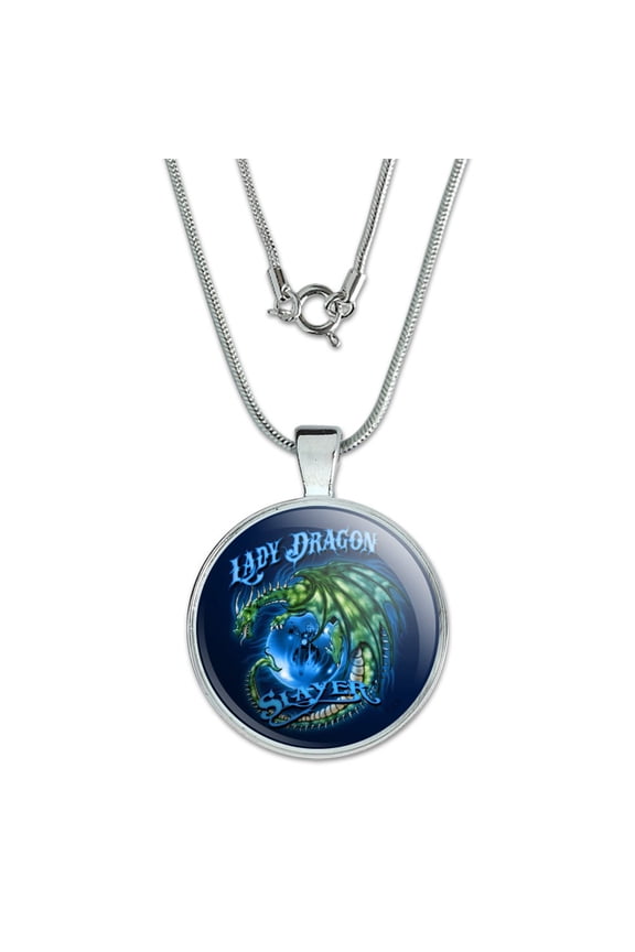Lady Dragon Slayer Motorcycle Biker 1" Pendant with Sterling Silver Plated Chain