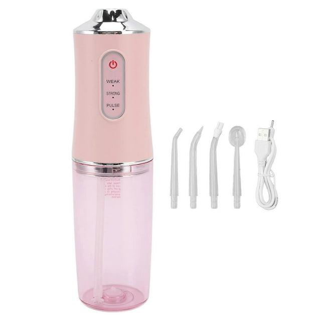 Electric Water Flosser, Odor Eliminator, Waterproof, Cordless, Portable, with 4 Nozzles, Pink