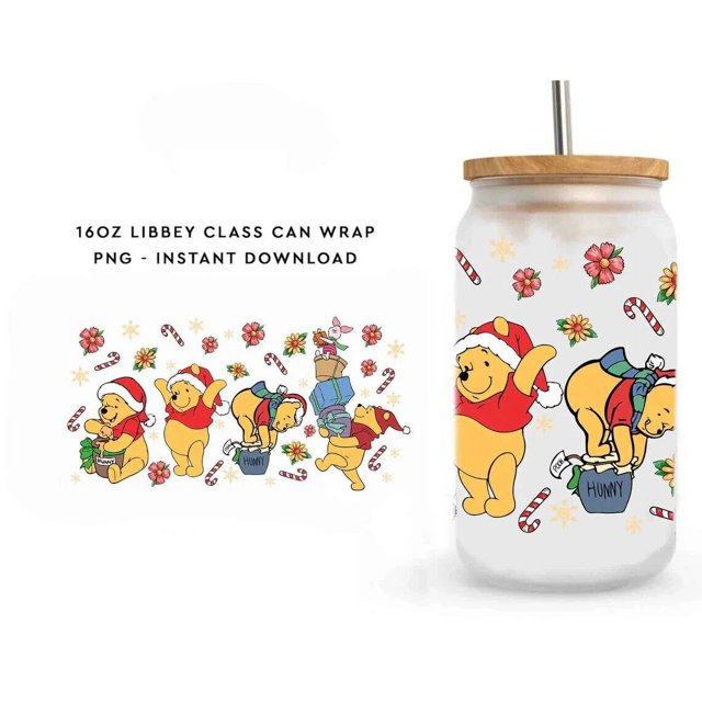 Navidad Winnie de Disney oso Pooh 3D UV DTF envolturas pegatina de transferencia DIY para taza de vidrio Libbey de 16 oz calcomanías impermeables tazas y vasos