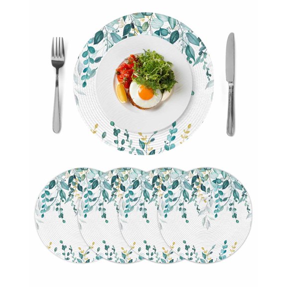 Teal Eucalyptus Round 15 Inch Placemats Set of 4, Watercolor Spring Weeping Botanical HeatResistant Non Slip Place Mats for Dining Table, Wipeable Braided Kitchen Table Mats for Housewarming