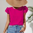 thumbnail image 2 of Blusa de manga con volantes en capas para mujer, cuello redondo, color puro, elegante, holgada, informal, camiseta de verano, rojo rosa M, 2 of 8