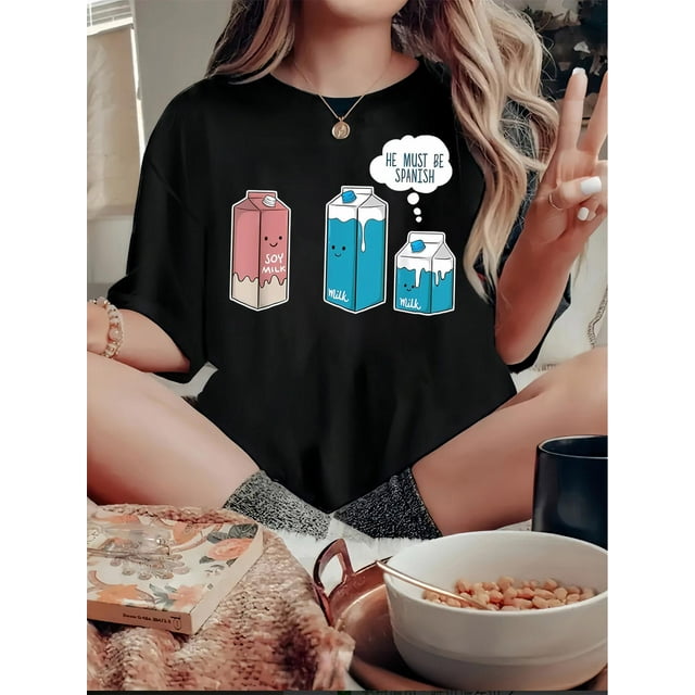 Women's Fashionable Black T-Shirt with Abstract English Milk Carton Design - Casual Round Neck Short Sleeve, Comfortable Polyester Blend, Perfect for Summer