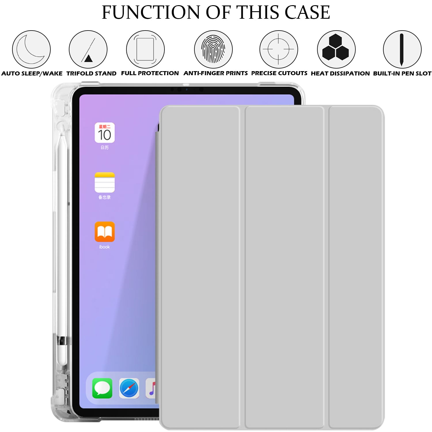 iPad 9th 2021 8th 2020 7th 2019 Gen [iPad 9 iPad 8 iPad 7 ] 10.2 Inch A2602 A2270 A2197 MK663LL/A MK673LL/A MYN62LL/A MW6Y2LL/A Clear Back TPU Silicone Back Printed Case Pencil Holder - Gray