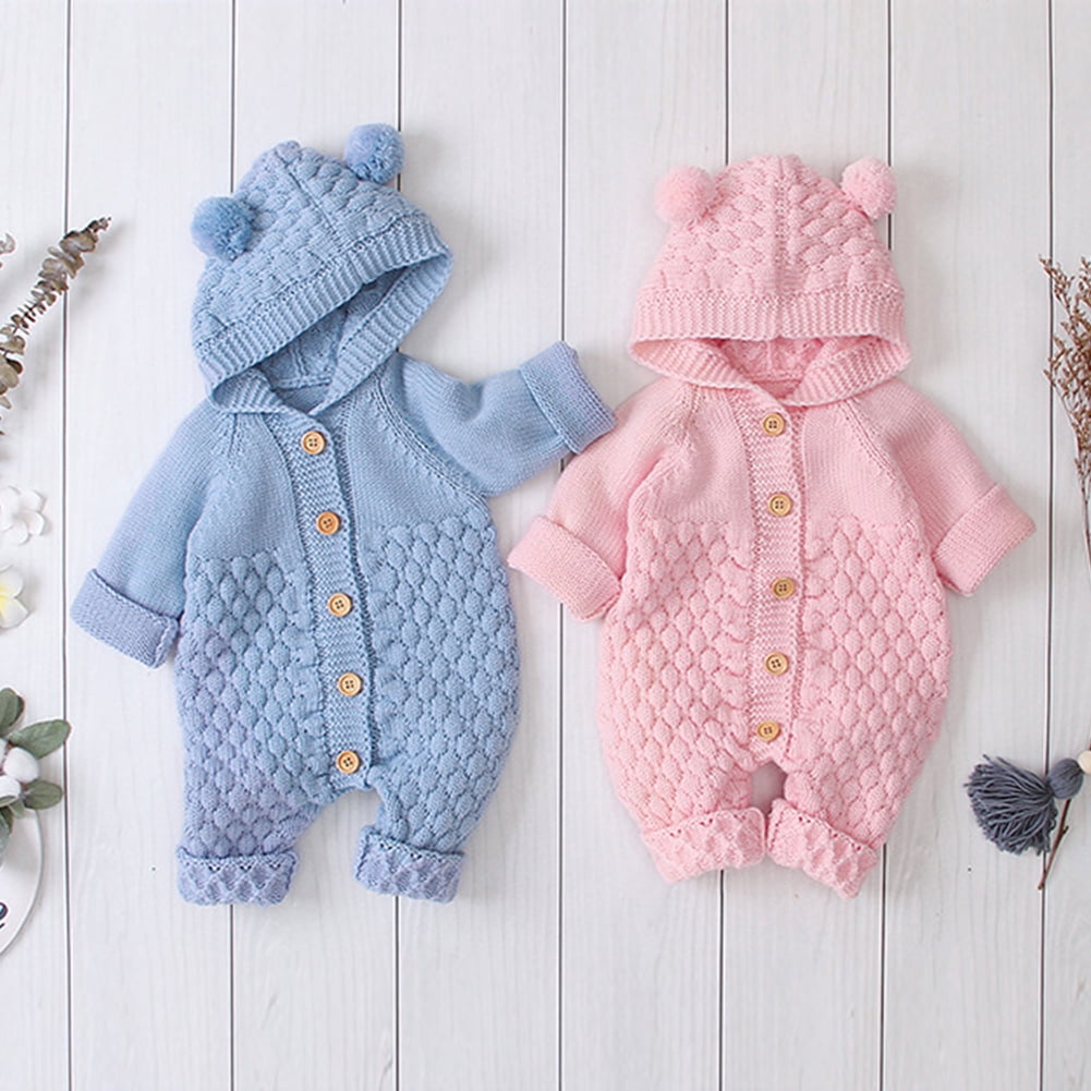 IBTOM CASTLE Unisex Baby Boy Girl Cute 3D Bear Ears Hooded Knitted Sweater Long Sleeve Romper Overall Sleepwear Winter Warm Clothes 6-12 Months Pink
