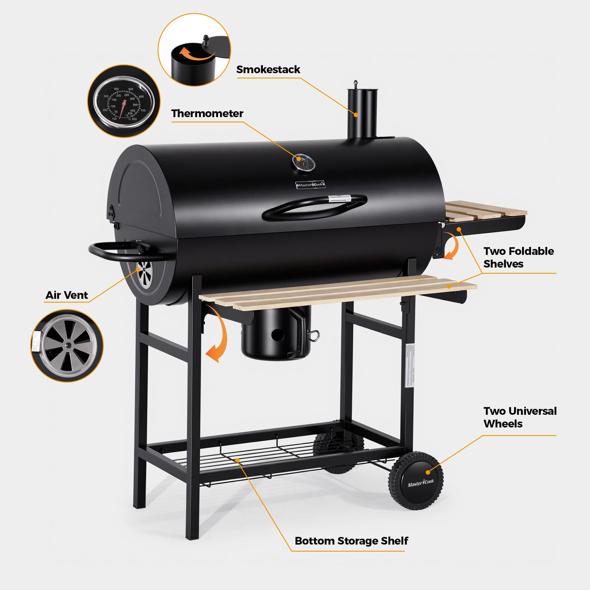 MASTER COOK 30" Barrel Charcoal Grill, Foldable Side Table, Outdoor Smoker Grill with Adjustable Air Vents & Thermometer for Backyard, Picnic