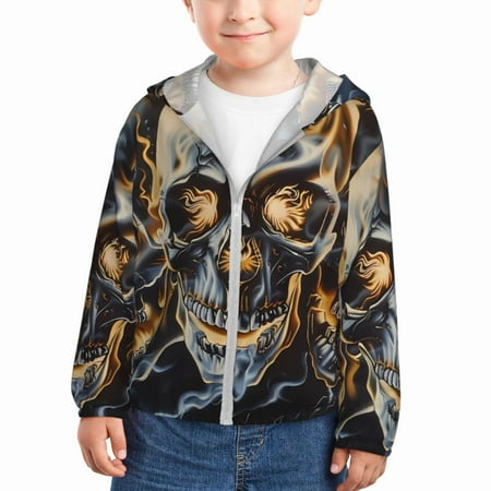 

Lukts Fiery Skull Trio Print Children s Long-Sleeved Sun Protection Clothing Hooded Sweatshirts for Boys and Girls Outdoor Sports-3 Years