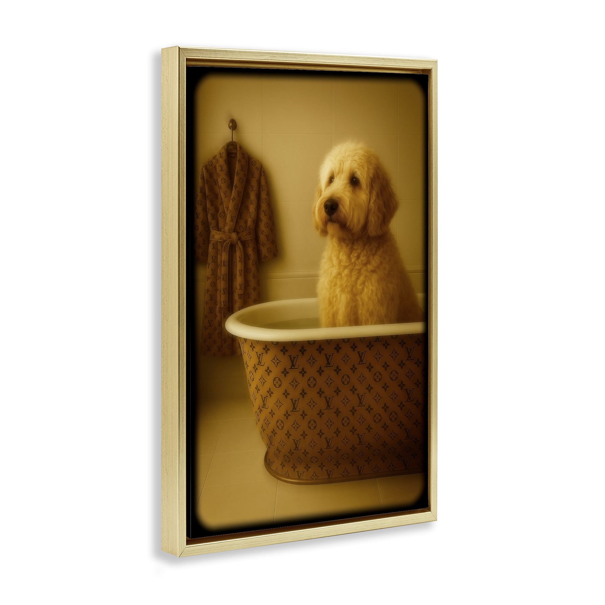 Stupell Industries Couture Dog in Luxury Tub Gold Framed Floater Canvas Wall Art, design by Grotto Studios