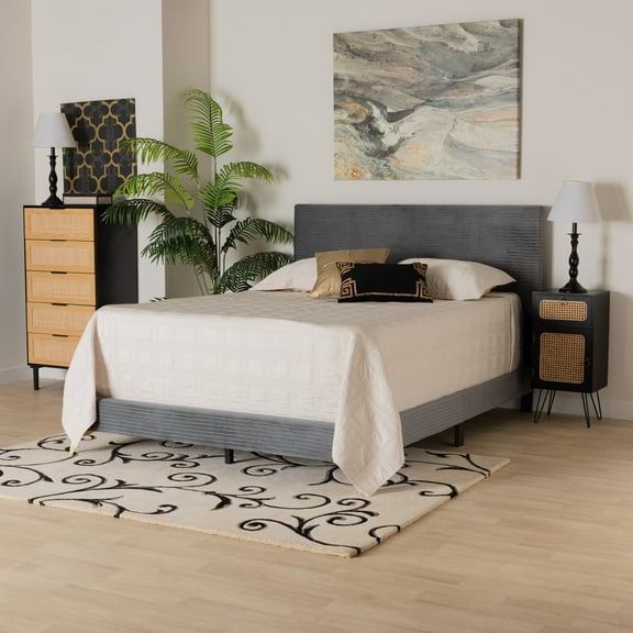 Baxton Studio Abberton Modern and Contemporary Grey Velvet and Gold Metal Queen Size Panel Bed