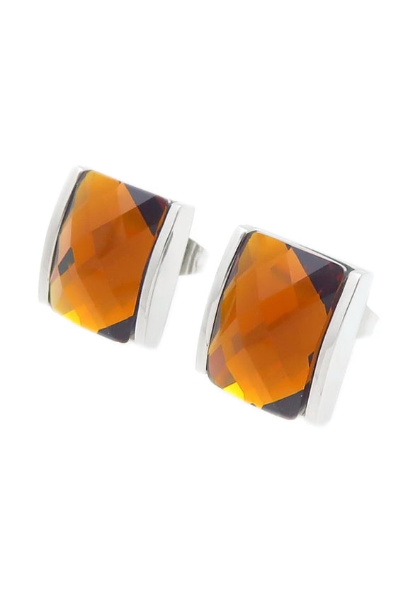 Women's Stainless Steel Multi-color Square Cut Gemstone Glass Crystal Stud Earrings Silver Orange Stone