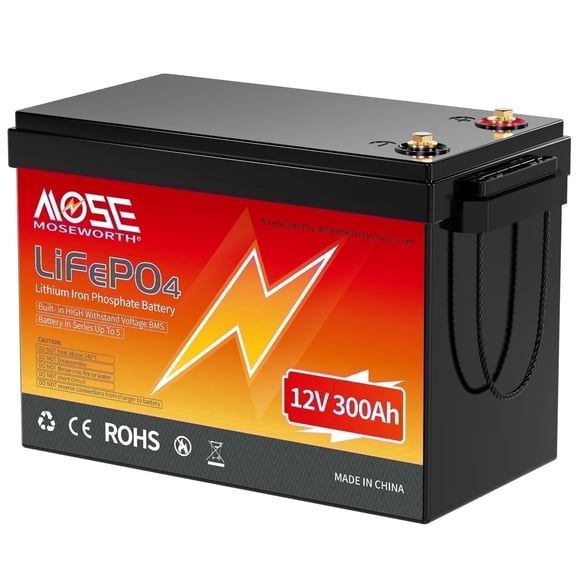12V 300Ah LiFePO4 Lithium Battery,for RV,Solar,Boat,Trolling Motor,Van,Marine,Camping,Motorhome,Built-in 200A BMS,MOSEWORTH 15000  Deep Cycles