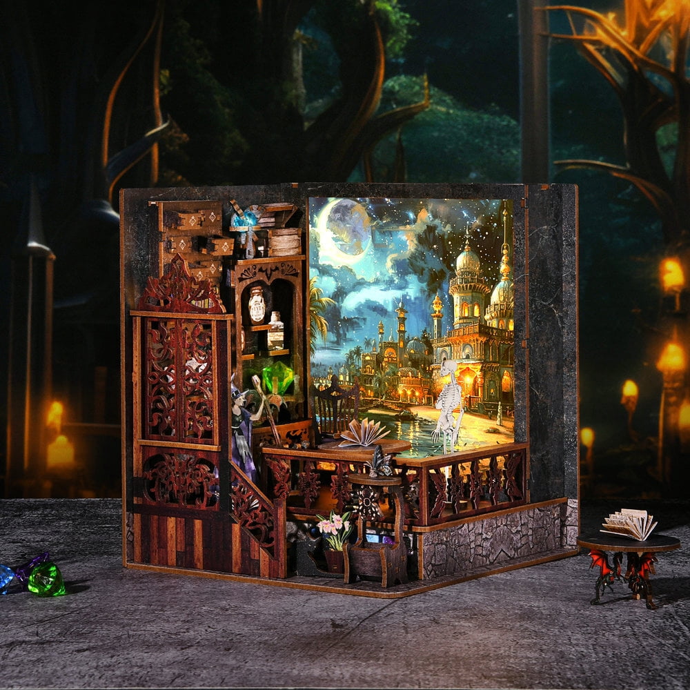 Book Nook Kit DIY 3D Wooden Puzzle Bookend Miniature Dollhouse with LED Light